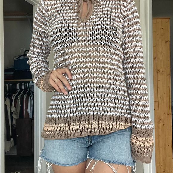 Tan and cream crochet top with tie neck and long sleeves - Picture 1 of 5